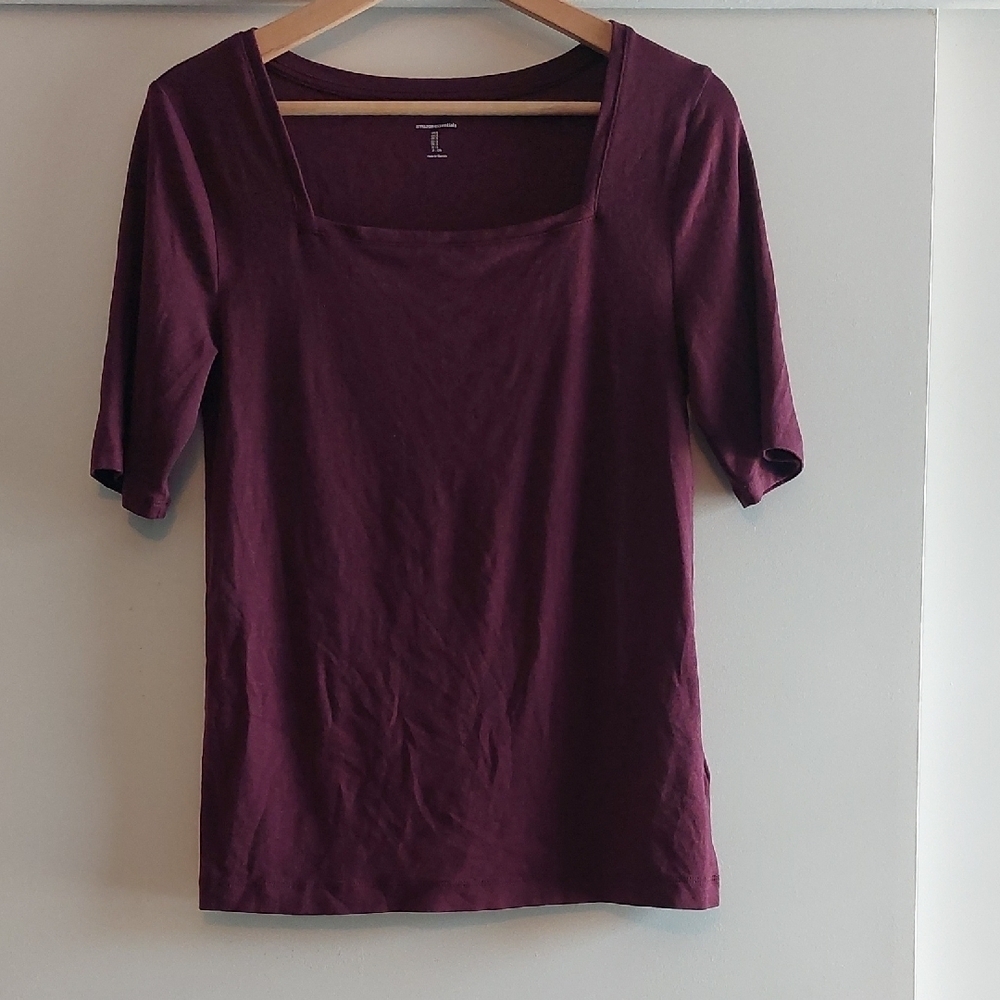 Amazon Essentials Soft Knit Square Neck T-shirt Top Blouse Plum Wine LARGE